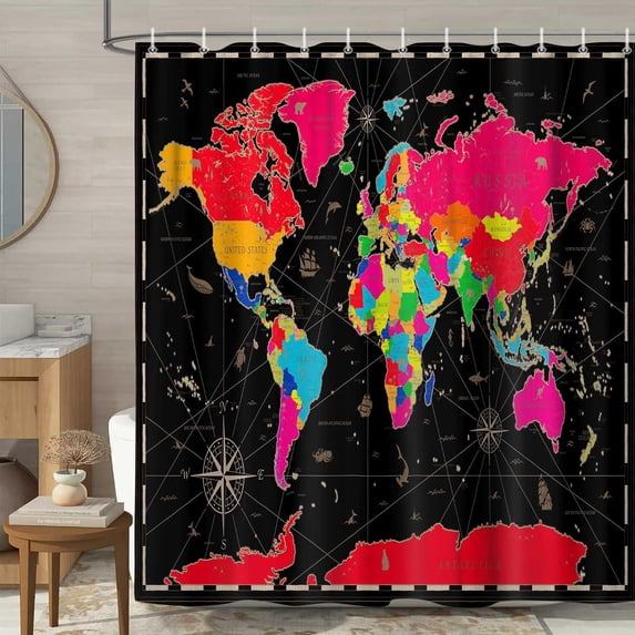 World Map Shower Curtain, Map of The World with National Educational Fabric Shower Curtains Set for Bathroom, Geography Educational Fabric Bathroom Shower Curtain with Hooks, 70X70IN(Black)