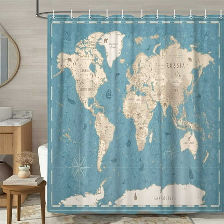 World Map Shower Curtain, Map of The World with National Educational Fabric Shower Curtains Set for Bathroom, Geography Educational Fabric Bathroom Shower Curtain with Hooks, Kids Bathroom36x70IN