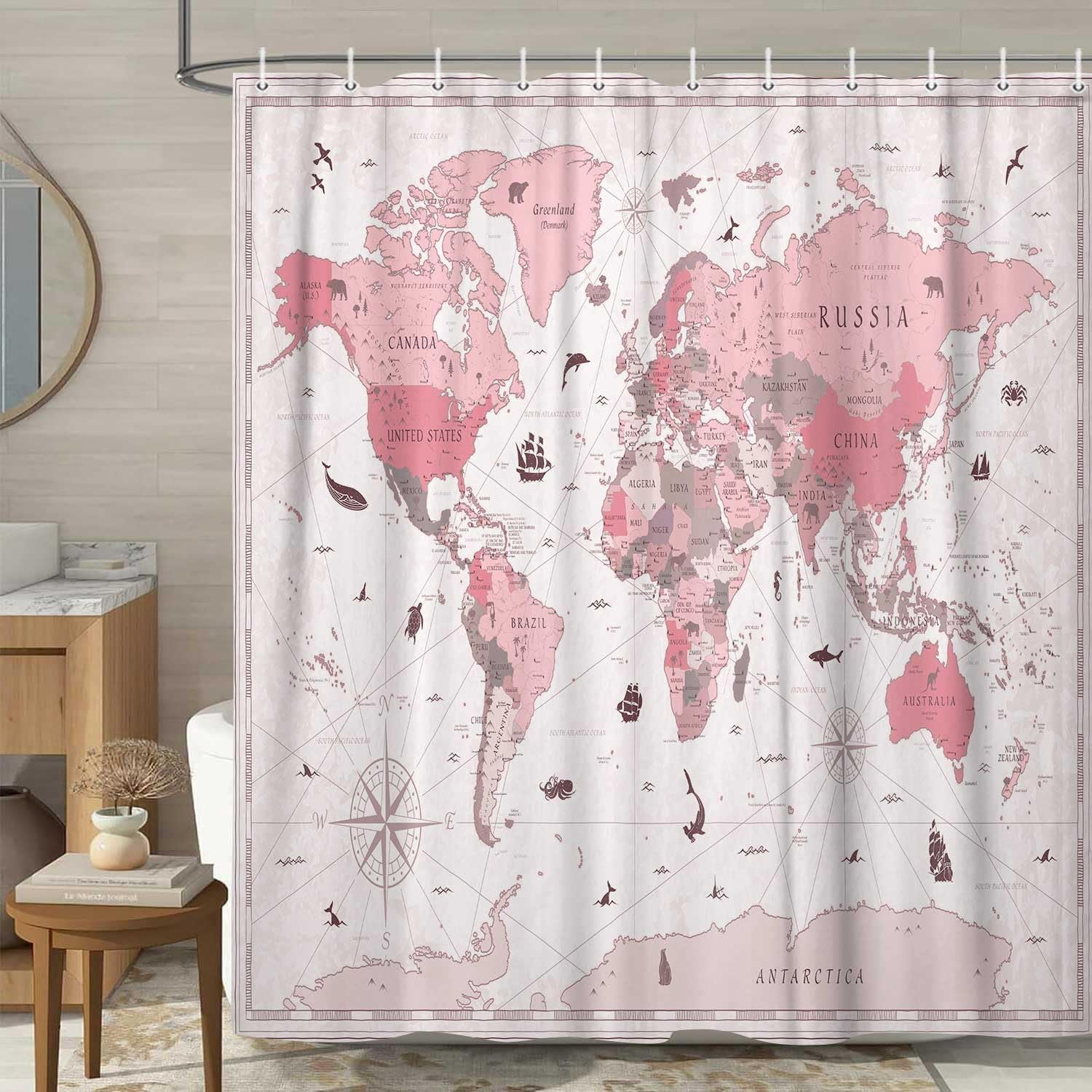 World Map Shower Curtain, Map of The World with National Educational Fabric Shower Curtains Set for Bathroom, Geography Educational Fabric Bathroom Shower Curtain with Hooks, 70X75IN（Pink）