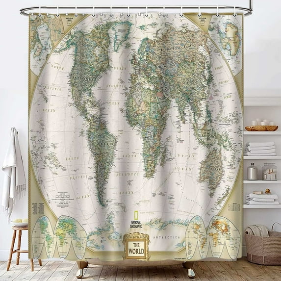 World Map Shower Curtain, Nautical Map Theme Bathroom Decor Countries Globe Shower Curtains for Bathroom Fabric Bath Accessories 12 Pack Hooks 69x70inch