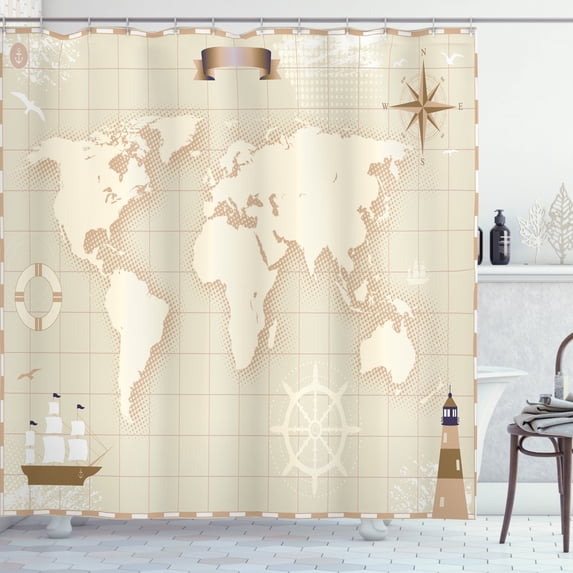 World Map Shower Curtain, Old World Map with Windrose Lighthouse Lifebuoy Yacht and Continents, Fabric Bathroom Set with Hooks, 69W X 84L Inches Extra Long, Eggshell Tan Beige, by Ambesonne