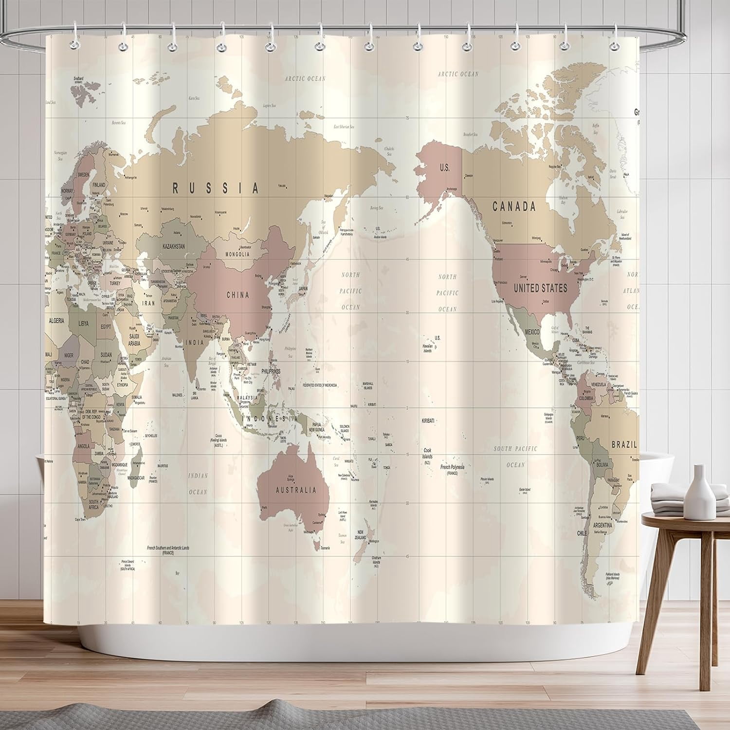 World Map Shower Curtain, Retro Countries Capital The Earth Decor ...