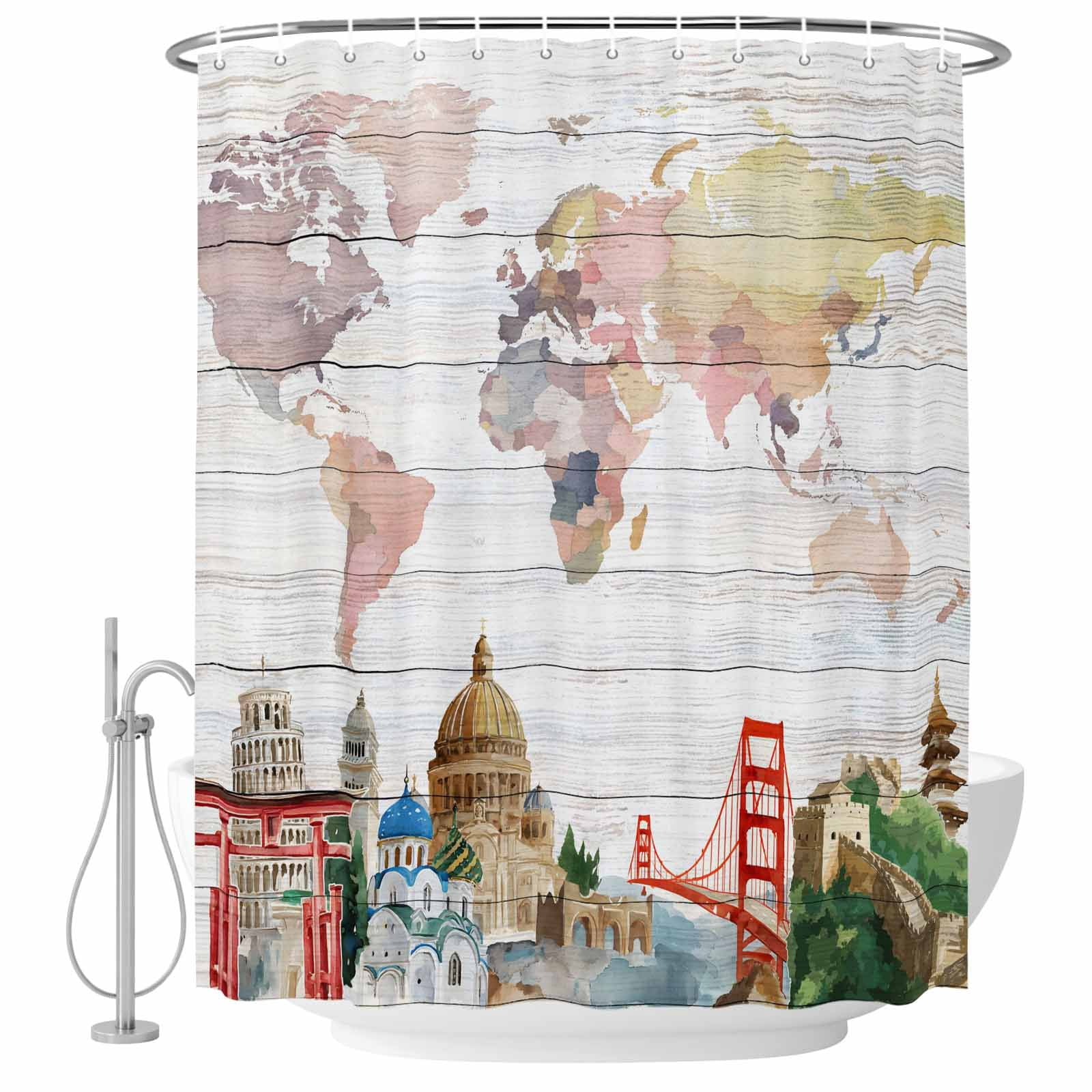 World Map Shower Curtain Set - Extra Long 72" x 96" Washable Bathtub ...