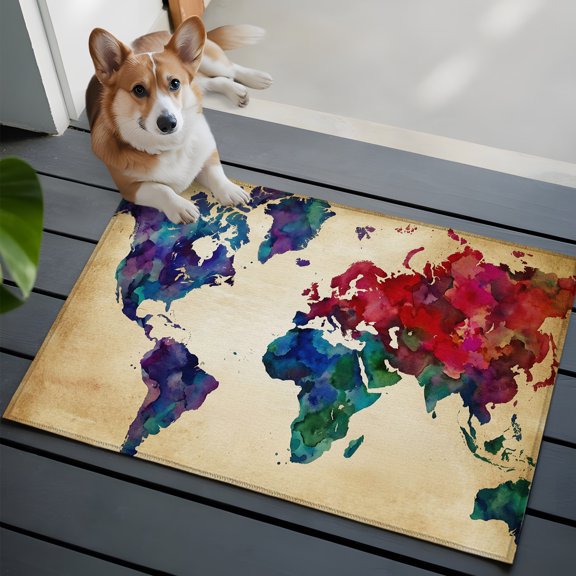 World Map Small Area Rugs 2x3 Watercolor Splashes Vintage Abstract Map Entryway Rugs Washable Door Mat, Low-Profile Area Rugs Non Slip Floor Carpet for Living Room Bedroom Home Office