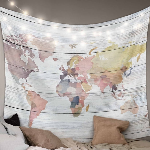 World Map Small Tapestry for Bedroom Wall Hanging Tapestry,Farmhouse Abstract Illustration Wooden Grain Ceiling Backdrop Tapestries Poster Blanket Wall Decor for Teens Room Living Room Dorm 23" x 28"