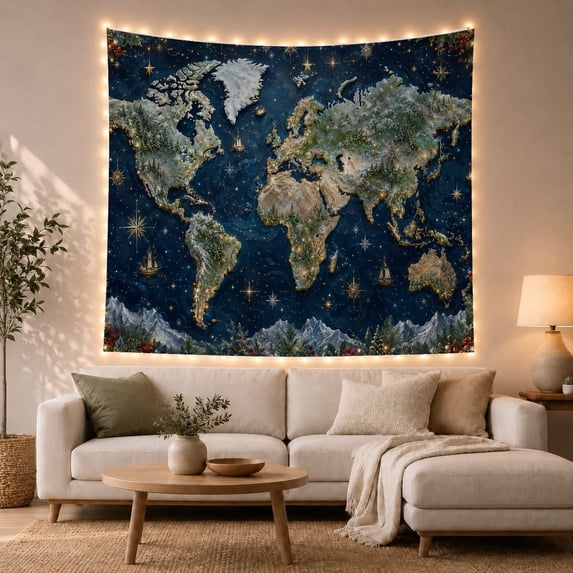 World Map with Snowy Continents and Stars, Whimsical Celestial Style for Geography Lovers, Magical Art Decor, Winter Gift Tapestry Wall Hanging for Bedroom and Living Room