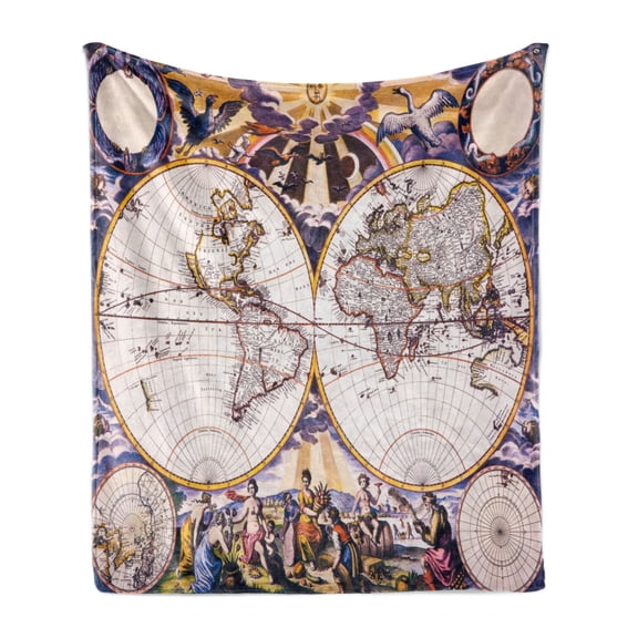 World Map Soft Flannel Fleece Blanket, Antique Map with Farmers Field Sun Birds Clouds Fantasy Sky in Old Painting Style, Cozy Plush for Indoor and Outdoor Use, 50" x 70", Multicolor, by Ambesonne