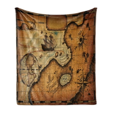 World Map Soft Flannel Fleece Blanket, Pirate Mapping of Treasure Island Nautical Navigation Geography, Cozy Plush for Indoor and Outdoor Use, 50" x 70", Pale Caramel and Sand Brown, by Ambesonne