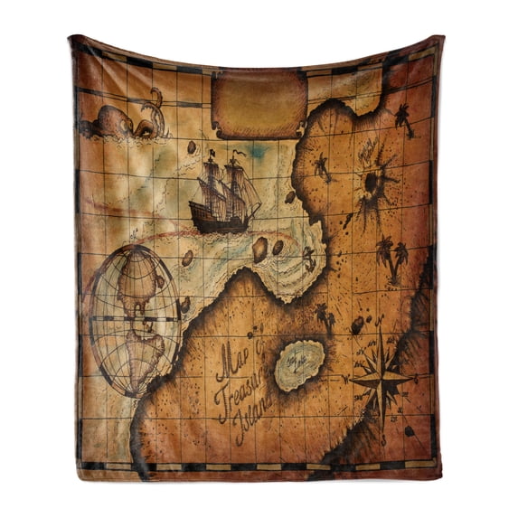 World Map Soft Flannel Fleece Blanket, Pirate Mapping of Treasure Island Nautical Navigation Geography, Cozy Plush for Indoor and Outdoor Use, 60" x 80", Pale Caramel and Sand Brown, by Ambesonne