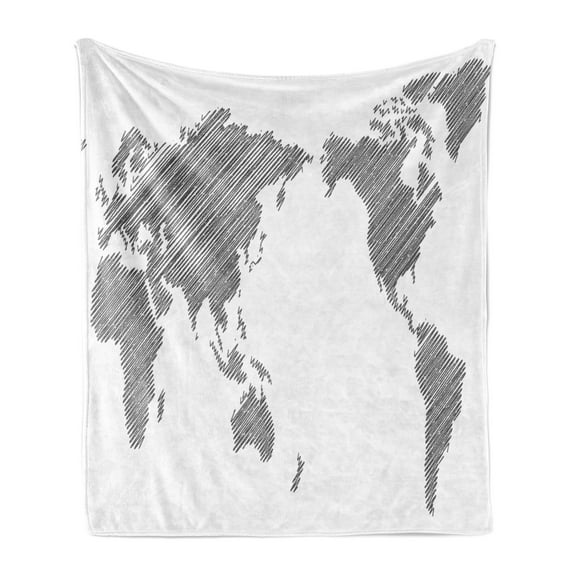 World Map Soft Flannel Fleece Blanket, Sketchy Striped Continents Cartography Geography Countries Worldwide Art, Cozy Plush for Indoor and Outdoor Use, 60" x 80", Charcoal Grey White, by Ambesonne