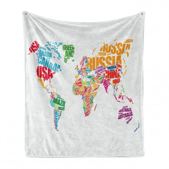 World Map Soft Flannel Fleece Throw Blanket, Atlas Theme Names of the Countries Europe America Africa Asia Graphic Style, Cozy Plush for Indoor and Outdoor Use, 50" x 60", Multicolor, by Ambesonne