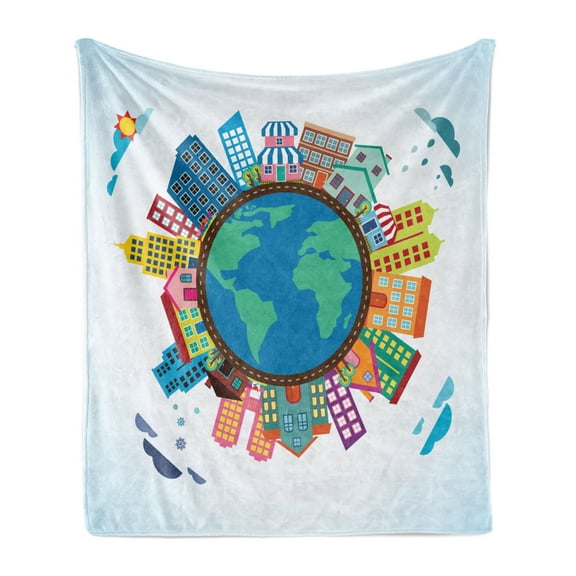 World Map Soft Flannel Fleece Throw Blanket, Cartoon Illustration of Abstract Buildings Around the Globe Clouds, Cozy Plush for Indoor and Outdoor Use, 50" x 70", Multicolor, by Ambesonne