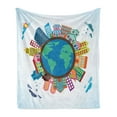 thumbnail image 1 of World Map Soft Flannel Fleece Throw Blanket, Cartoon Illustration of Abstract Buildings Around the Globe Clouds, Cozy Plush for Indoor and Outdoor Use, 70" x 90", Multicolor, by Ambesonne, 1 of 5