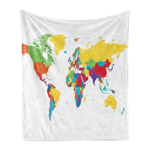 World Map Soft Flannel Fleece Throw Blanket, Colorful Detailed Continents Design Countries and Oceans Cartoon Illustration, Cozy Plush for Indoor and Outdoor Use, 50" x 60", Multicolor, by Ambesonne