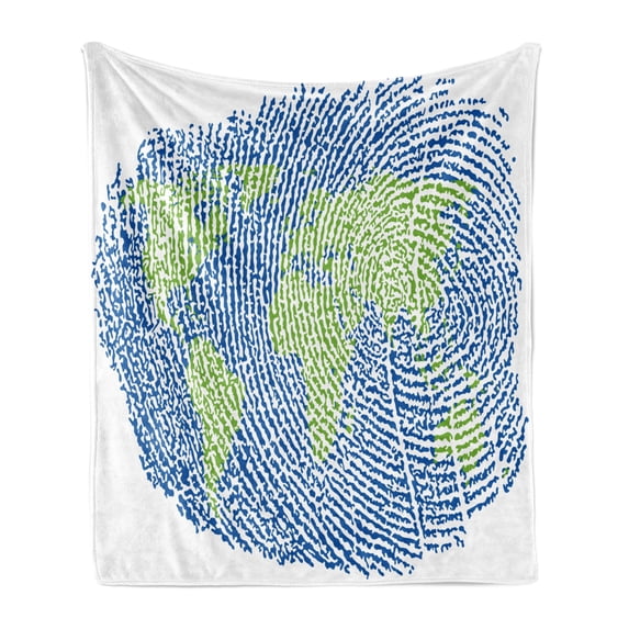 World Map Soft Flannel Fleece Throw Blanket, Map of the World Fingerprint Style Continents Asia Europe Africa America, Cozy Plush for Indoor and Outdoor Use, 50" x 60", Navy Blue Green, by Ambesonne
