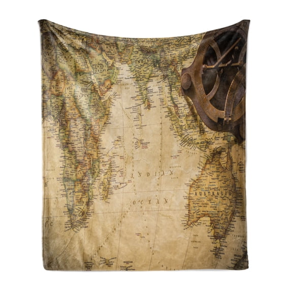 World Map Soft Flannel Fleece Throw Blanket, Old Chart Cartography Showing Ocean Compass Location Retro Journey, Cozy Plush for Indoor and Outdoor Use, 50" x 60", Sand Brown Olive Green, by Ambesonne