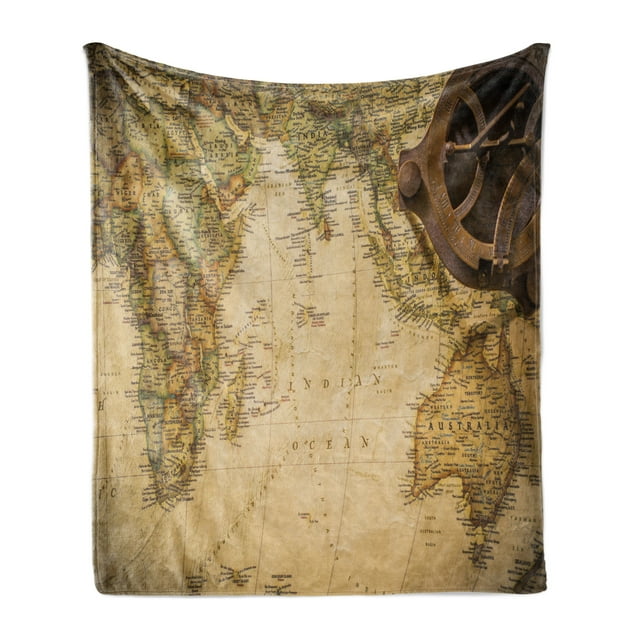 World Map Soft Flannel Fleece Throw Blanket, Old Chart Cartography Showing Ocean Compass Location Retro Journey, Cozy Plush for Indoor and Outdoor Use, 60" x 80", Sand Brown Olive Green, by Ambesonne