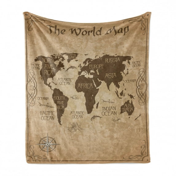 World Map Soft Flannel Fleece Throw Blanket, Vintage Themed Topographic Design Grunge Art Graphic with Windrose, Cozy Plush for Indoor and Outdoor Use, 60" x 80", Pastel Brown Taupe, by Ambesonne