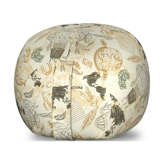 World Map Storage Toy Bag Chair, Pattern Vintage Globe Atlas Theme Airship Knots Ribbon Retro Print, Stuffed Animal Organizer Washable Bag, Small Size, Beige Olive Green, by Ambesonne