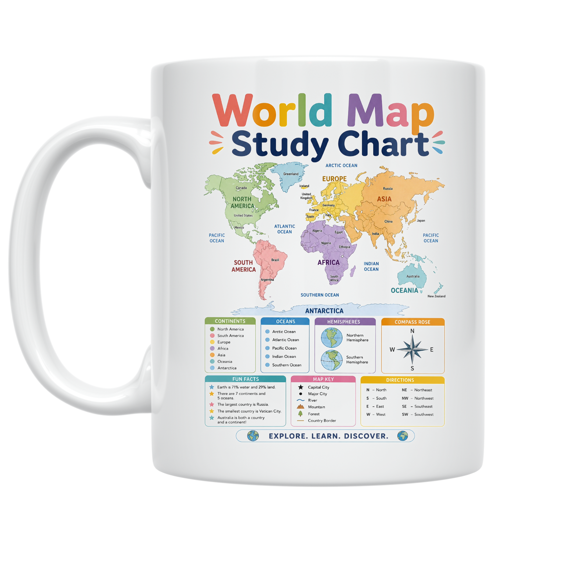 World Map Study Chart - Geography Enthusiast - 11 oz Ceramic Coffee Mug