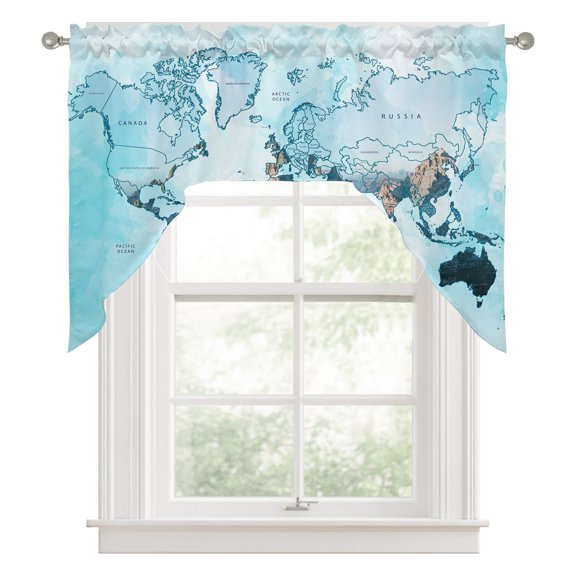 World Map Swag Valance for Windows, Blue Map Abstract Swag Curtains Valances for Small Window Treatment Rod Pocket for Kitchen Bathroom 1 Panel 56x36in