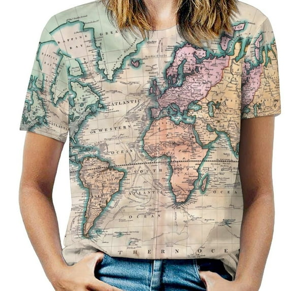 World Map T-Shirt O Neck Vintage Map of The World 1811 Big Size T-Shirts Short Sleeves Classic Tees Female Summer Funny