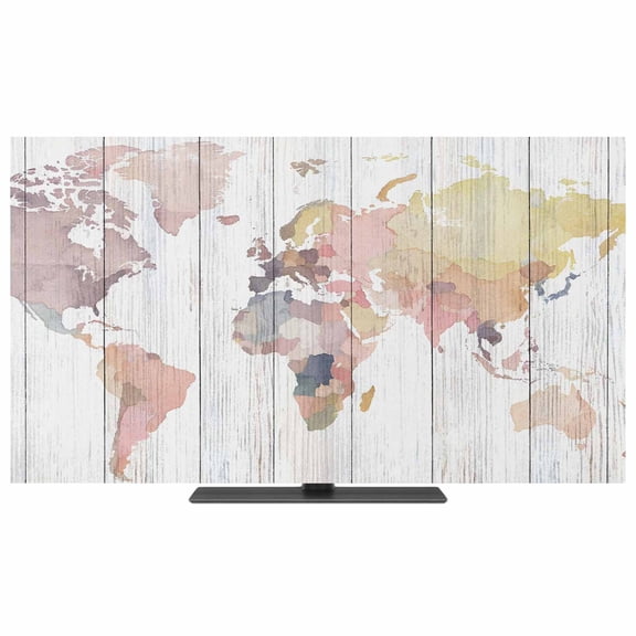 World Map TV Dust Cover,Stretchable TV Screen Desktop Computer Protector Cover,Farmhouse Abstract Illustration Wooden Grain Television Dustproof Slipcover for 19–24 Inch Flat or Curved TVs