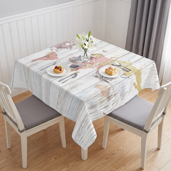 World Map Table Cloth Waterproof Tablecloths, Farmhouse Abstract Illustration Wooden Grain Tablecloth Dining Table Cover for Kitchen Party Tabletop Outdoor, Square Tablecloth 54x54 Inch