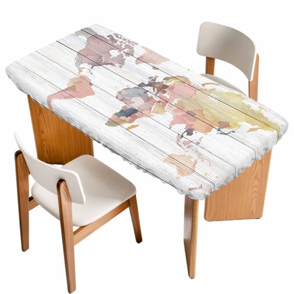 World Map Table Cloths for 3 Foot Rectangle Tables, Farmhouse Abstract Illustration Wooden Grain Patio Waterproof Elastic Fitted Tablecloths, Washable Rectangular Table Cover for Camping