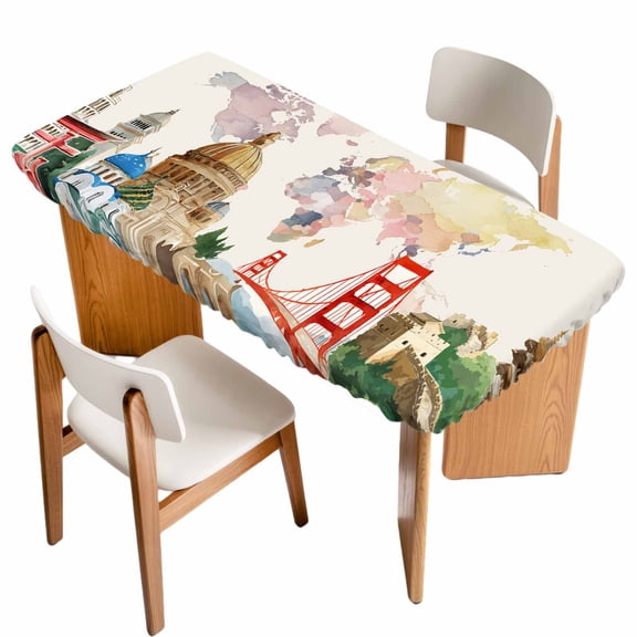World Map Table Cloths for 3 Foot Rectangle Tables, Farmhouse Famous Building Tourism Bridge Patio Waterproof Elastic Fitted Tablecloths, Washable Rectangular Table Cover for Camping