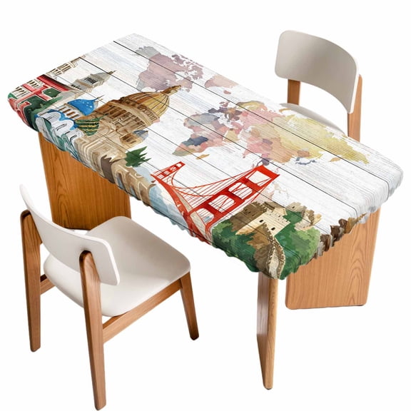 World Map Table Cloths for 4 Foot Rectangle Tables, Country Famous Building Tourism Bridge Wooden Patio Waterproof Elastic Fitted Tablecloths, Washable Rectangular Table Cover for Camping