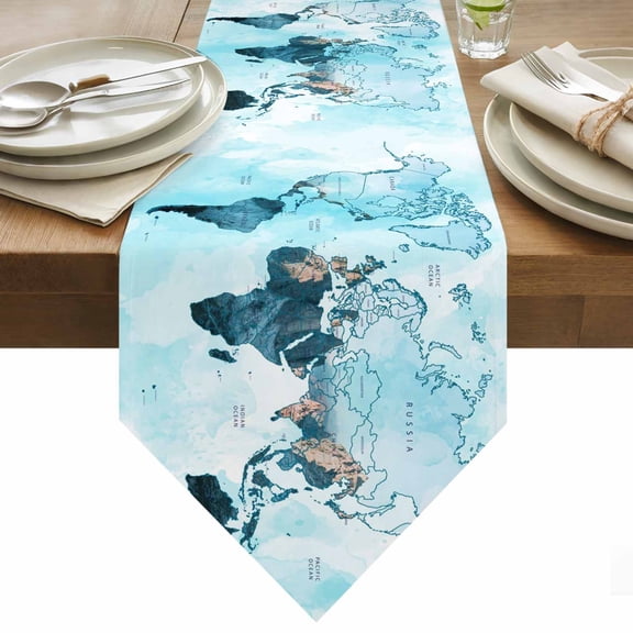 World Map Table Runner 108 Inches Long Blue Map Abstract Table Runners for Dining Room Tabletop Dresser Scarf Home Party Banquet Wedding Holiday Decoration