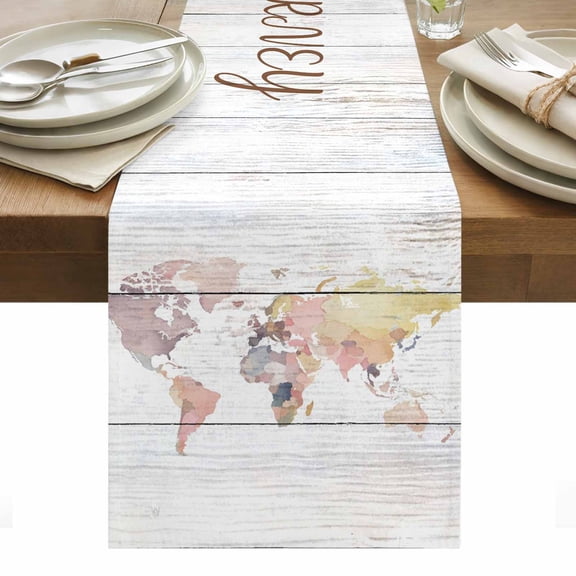 World Map Table Runner - 120 Inch Long, Kitchen Dining Table Runner Dresser Scarves, Farmhouse Abstract Illustration Wooden Grain Farmhouse Decor for Coffee Tables Wedding Party Banquet