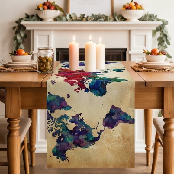 World Map Table Runner 13x36 Inch Watercolor Splashes Vintage Abstract Map Cotton Linen Dining Table Runner Ideal for Dresser Kitchen Coffee Tables - Machine Washable