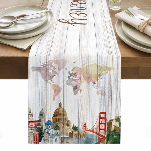 World Map Table Runner - 36 Inch Long, Kitchen Dining Table Runner Dresser Scarves, Country Famous Building Tourism Bridge Wooden Farmhouse Decor for Coffee Tables Wedding Party Banquet