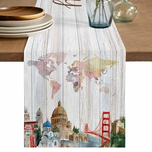 World Map Table Runner 36 Inches, Country Famous Building Tourism Bridge Wooden Bed Runner Dresser Scarves Tabletop for Indoor Outdoor Parties/Ceremony/Banquet, 13"x 36"