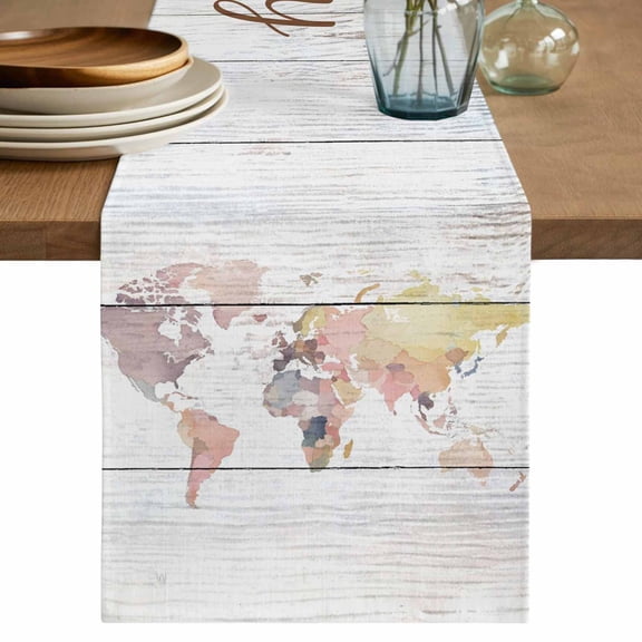 World Map Table Runner 36 Inches, Farmhouse Abstract Illustration Wooden Grain Bed Runner Dresser Scarves Tabletop for Indoor Outdoor Parties/Ceremony/Banquet, 13"x 36"