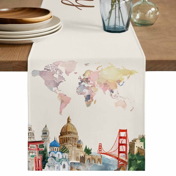 World Map Table Runner 36 Inches, Farmhouse Famous Building Tourism Bridge Bed Runner Dresser Scarves Tabletop for Indoor Outdoor Parties/Ceremony/Banquet, 13"x 36"