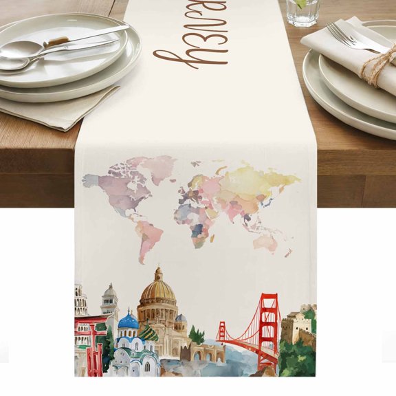 World Map Table Runner - 48 Inch Long, Kitchen Dining Table Runner Dresser Scarves, Farmhouse Famous Building Tourism Bridge Farmhouse Decor for Coffee Tables Wedding Party Banquet