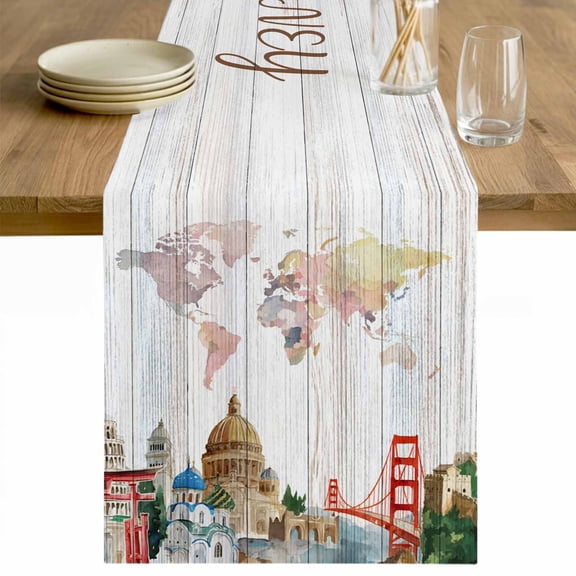 World Map Table Runner 48 Inches Long Farmhouse Dress Scarves, Country Famous Building Tourism Bridge Wooden Dining Tablerunner for Coffee Table/Kitchen Island/Party Décor, 13" x 48"