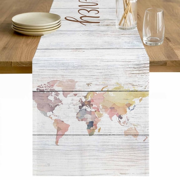 World Map Table Runner 48 Inches Long Farmhouse Dress Scarves, Farmhouse Abstract Illustration Wooden Grain Dining Tablerunner for Coffee Table/Kitchen Island/Party Décor, 13" x 48"