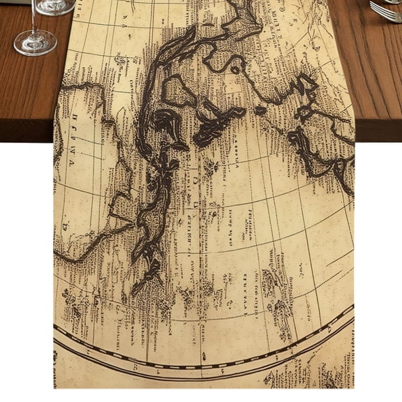 World Map Table Runner 48 Inches Long, Retro Yellow Plate Line Abstract Cotton Linen Dining Table Runner Dresser Scarves for Home Kitchen Party Decor 13"x48"