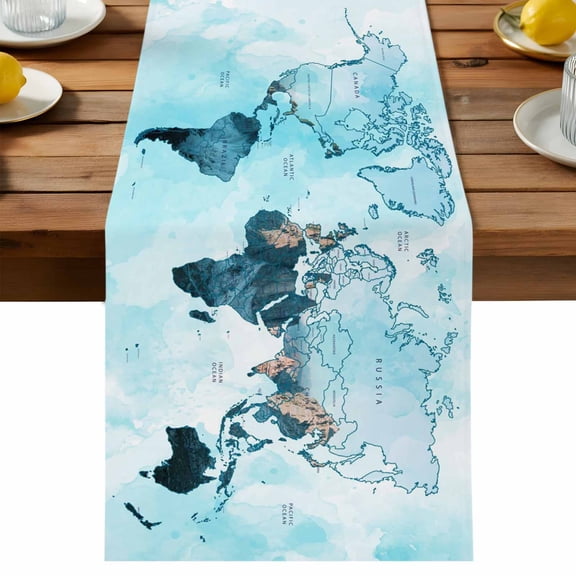 World Map Table Runner, Blue Map Abstract Cotton Linen Table Cloth, Tablerunner for Kitchen Dining Party Wedding Home Decor 13x70 Inch