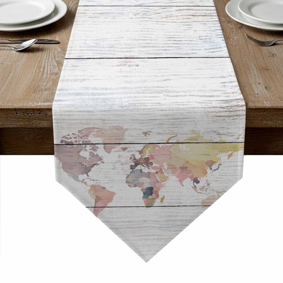 World Map Table Runner Linen Burlap Table Runner 120 Inches Long Farmhouse Abstract Illustration Wooden Grain Dresser Scarves for Kitchen Island Coffee Dining Room Party Holiday Decor 13"x120"