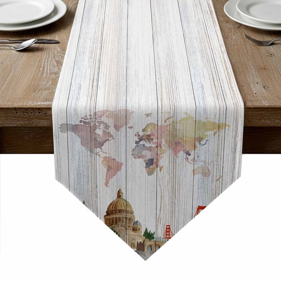 World Map Table Runner Linen Burlap Table Runner 36 Inches Small Country Famous Building Tourism Bridge Wooden Dresser Scarves for Kitchen Island Coffee Dining Room Party Holiday Decor 13"x36"