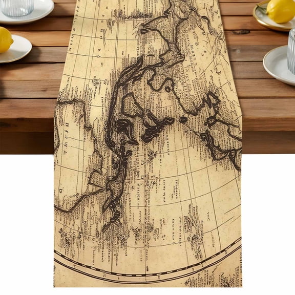 World Map Table Runner, Retro Yellow Plate Line Abstract Cotton Linen Table Cloth, Tablerunner for Kitchen Dining Party Wedding Home Decor 13x60 Inch