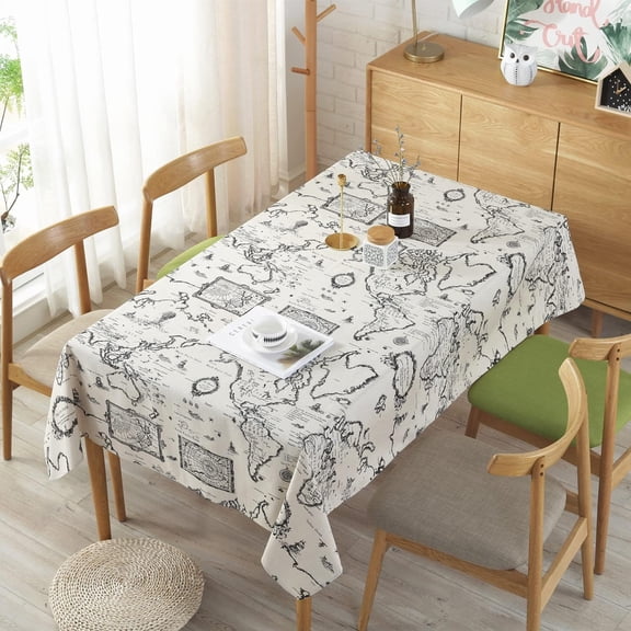World Map Tablecloth,Cotton Linen Fabric Map Table Cover with 60x84inch,Washable Rectangle World Map Printing Table Cloth for Kitchen Dinning Tabletop Home Decorations