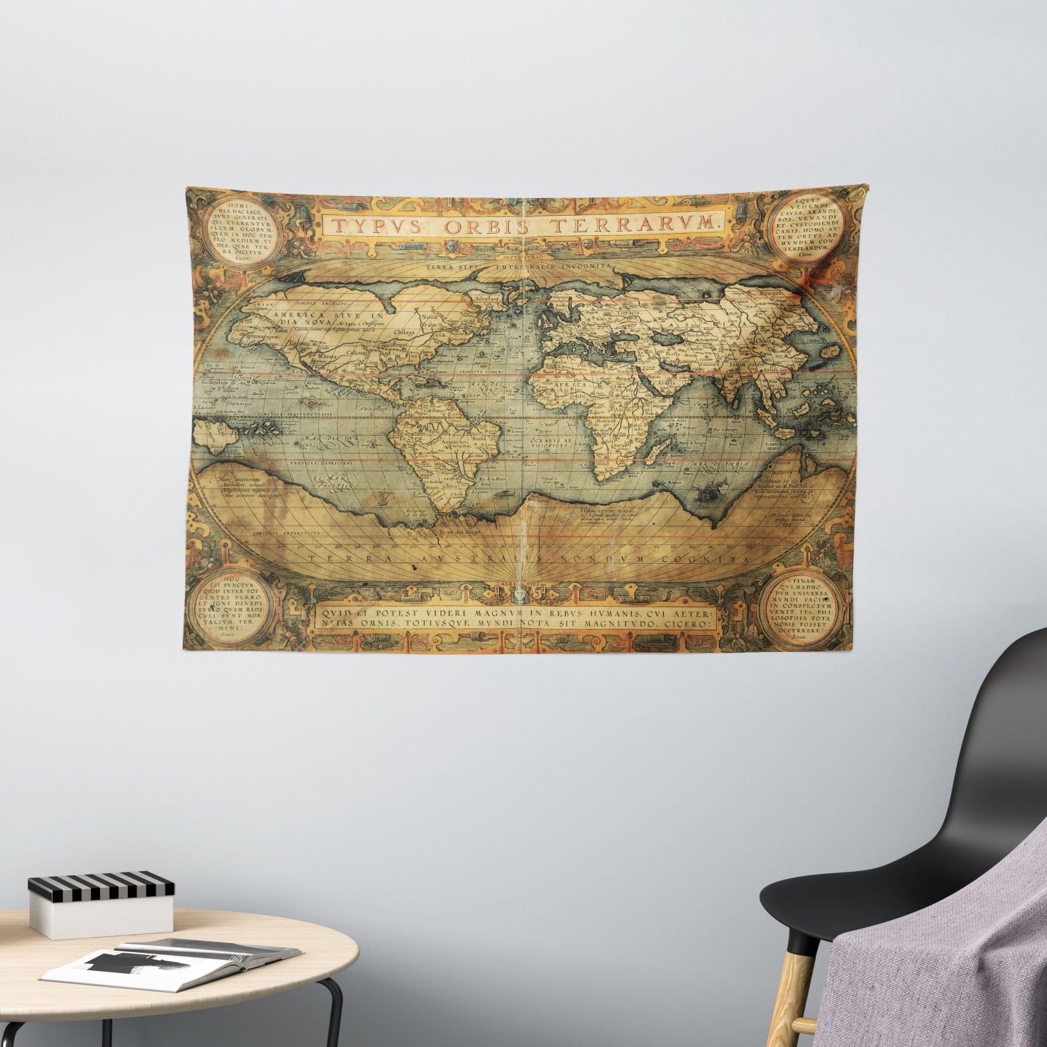 Vintage World Map Tapestry in Sand Brown and Slate Blue