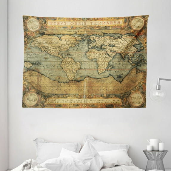 World Map Tapestry, Ancient Old Chart Vintage Reproduction of 16th Century Atlas Print, Wall Hanging for Bedroom Living Room Dorm Decor, 80W X 60L Inches, Sand Brown Slate Blue, by Ambesonne