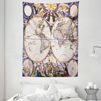 World Map Tapestry, Antique Map with Farmers Field Sun Birds Clouds Fantasy Sky in Old Painting Style, Wall Hanging for Bedroom Living Room Dorm Decor, 60W X 80L Inches, Multicolor, by Ambesonne